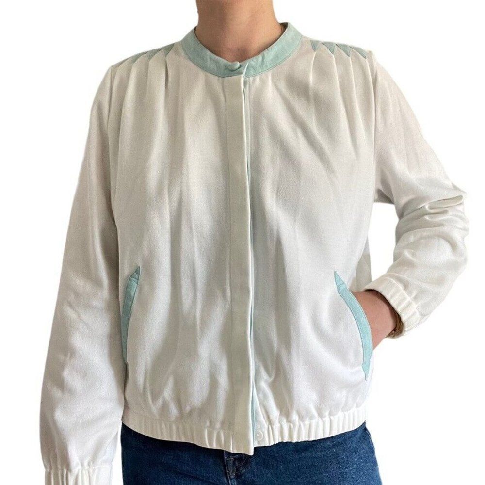 Vintage Womens St. Croix Knits White with Blue Suede Trim Cardigan Preppy Jacket